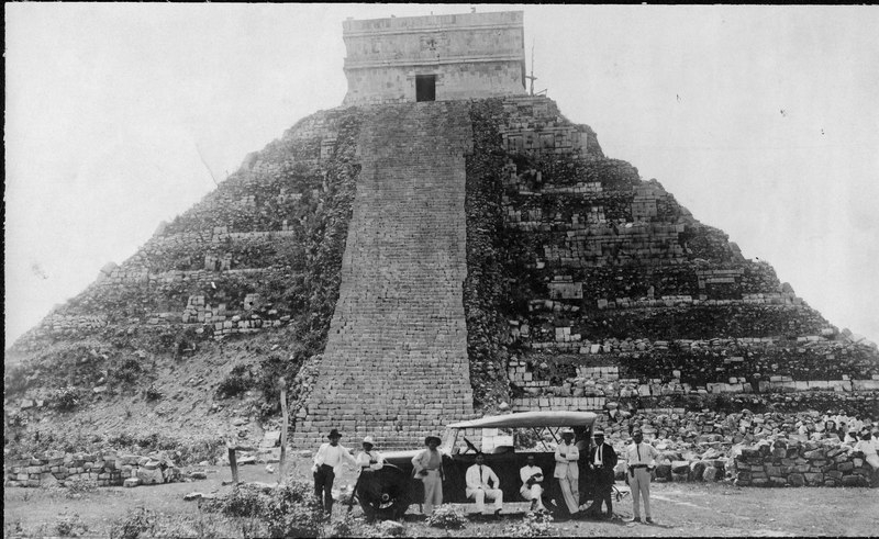 Lossy-page1-800px-bodyguards and the governor%27s automobile on the west side of el castillo%2c chichen itza%2c yucatan%2c mexico 1924.tif