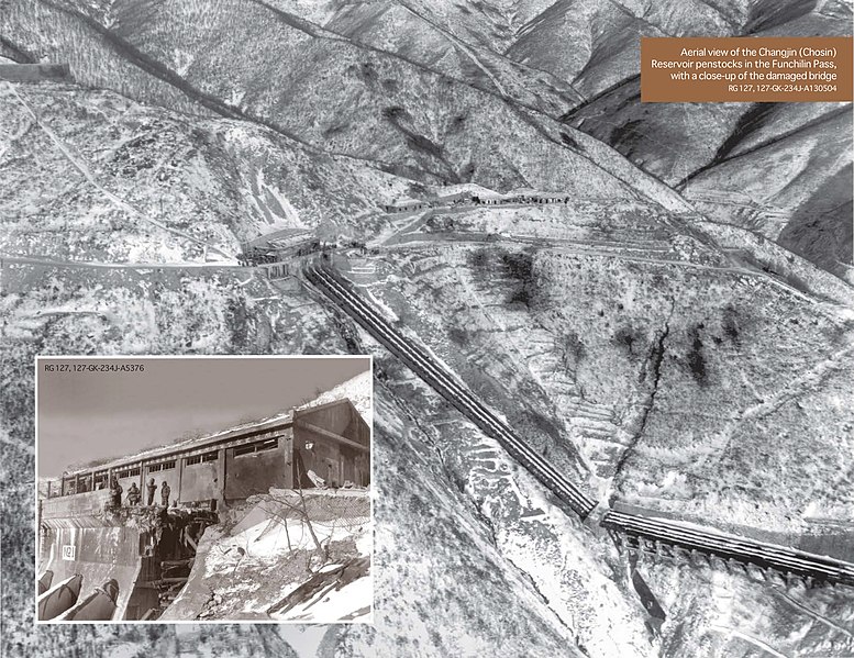 777px-aerial view of the changjin %28chosin%29 reservoir penstocks in the funchilin pass%2c with a close-up of the damaged bridge