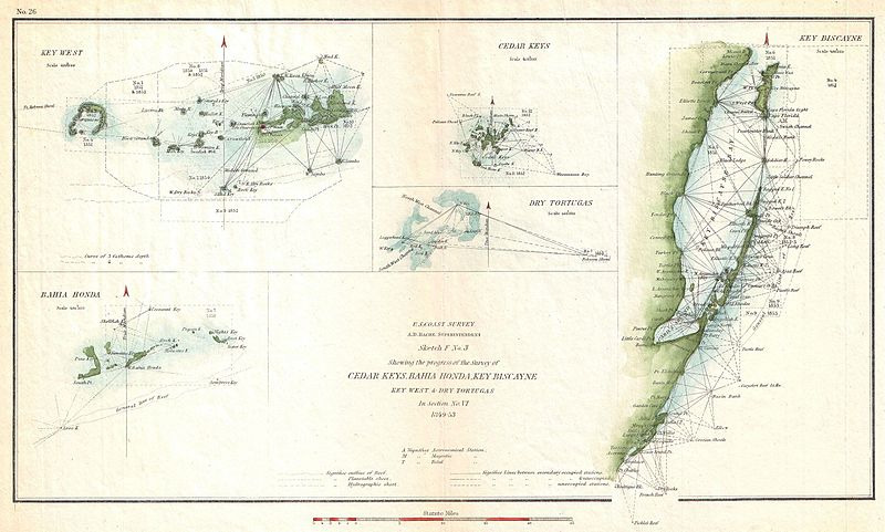 800px-1853 u.s. coast survey map of key biscayne bay%2c key west and the cedar keys%2c florida - geographicus - cedarkeysbahia-uscs-1853