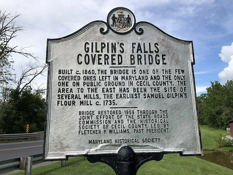 800px-2021-08-19 16 25 24 historical marker for gilpin%27s falls covered bridge along north east creek in bay view%2c cecil county%2c maryland