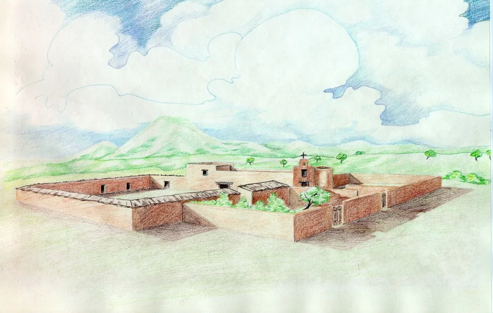 colored pencil drawing of mission complex