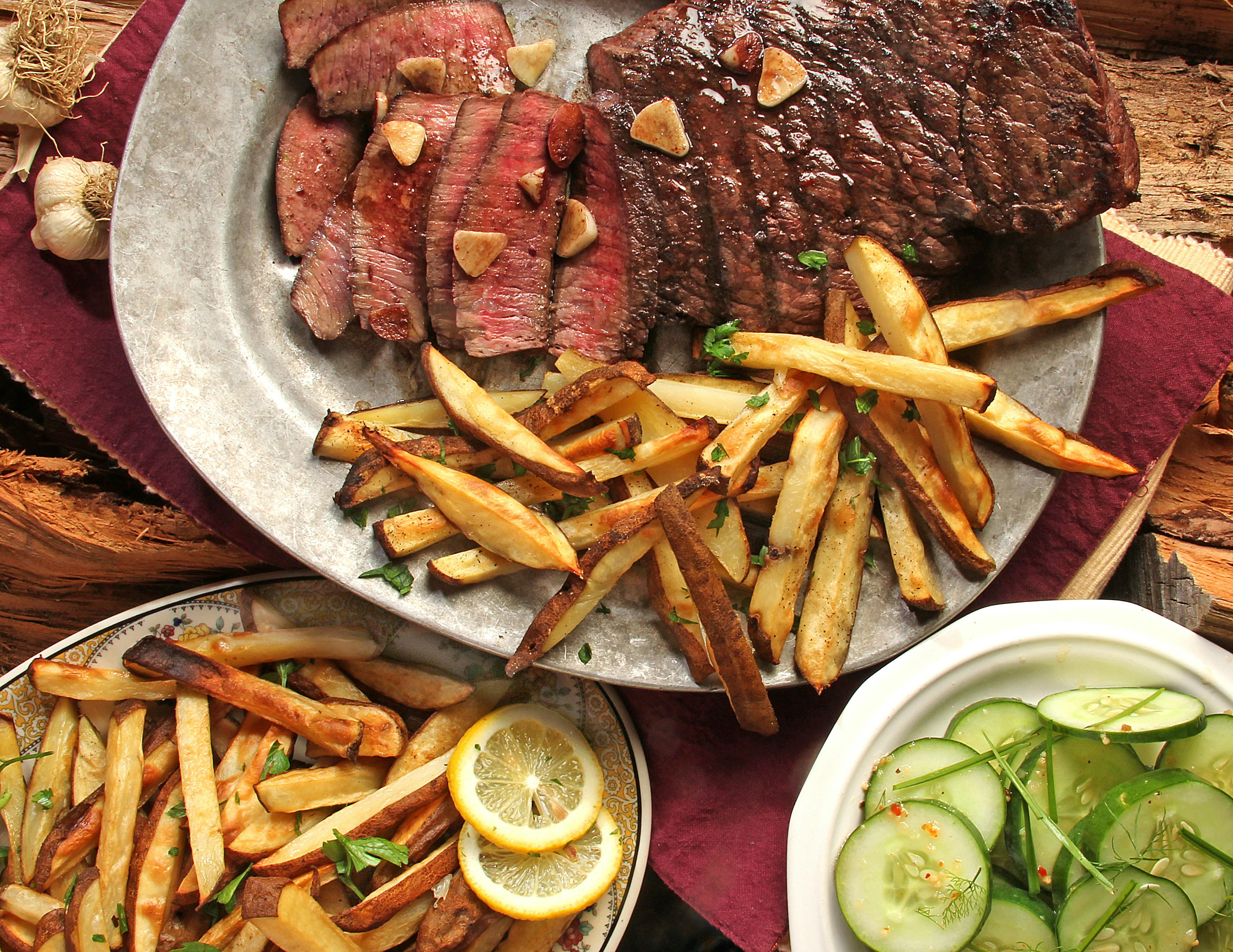 Free Steak and French Fries on Gray Plate Stock Photo
